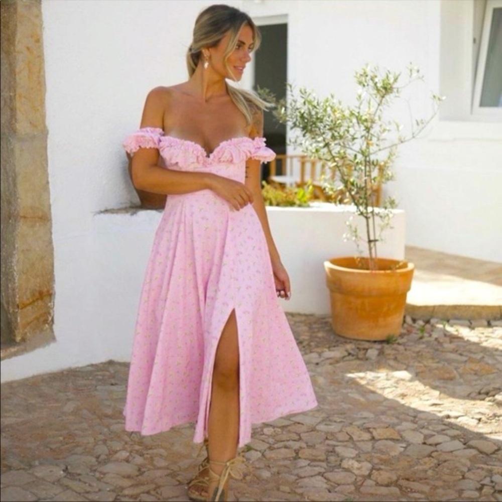 House of CB Pink Off-Shoulder Slit Dress